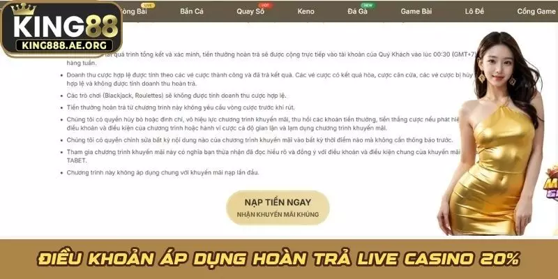 Điều khoản áp dụng hoàn trả Live Casino 20% Điều khoản áp dụng hoàn trả Live Casino 20%